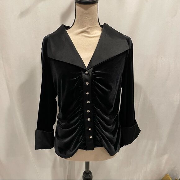 Y2K velvet stretchy ruched tuxedo collar jeweled button French cuff top - Picture 3 of 7
